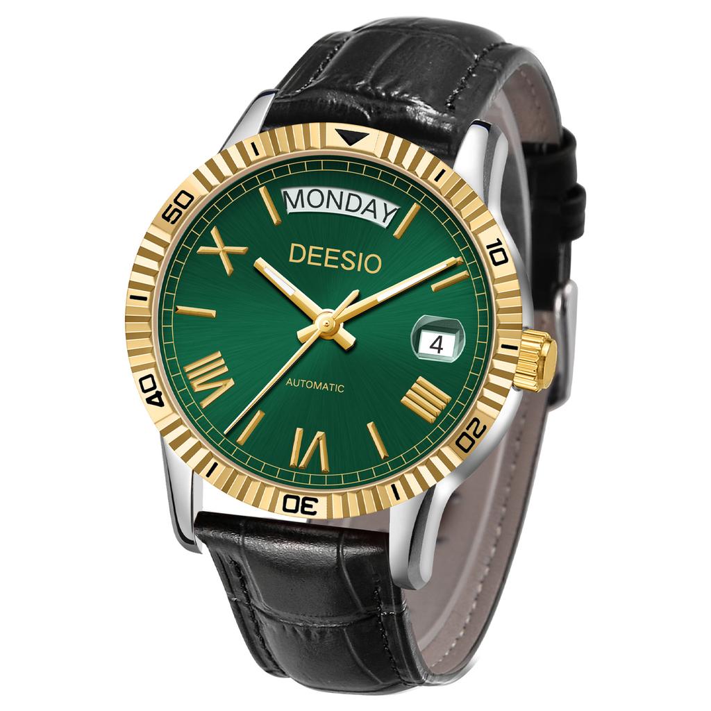 Deesio Мужские механические часы в стиле Business Casual Автоматические Корпус из нержавеющей стали 316L Кожаный ремешок для часов Отображение даты и дня недели