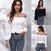 Women's Front Tie Back Elastic Ruched Lantern Sleeves Short Neck Top Women Long Sleeve Chiffon Shirt