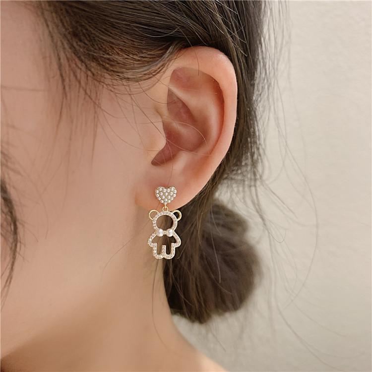 Simulation Pearl Zircon Bear Earrings Female Exquisite Cute Earrings Party Beautiful Jewelry AVE