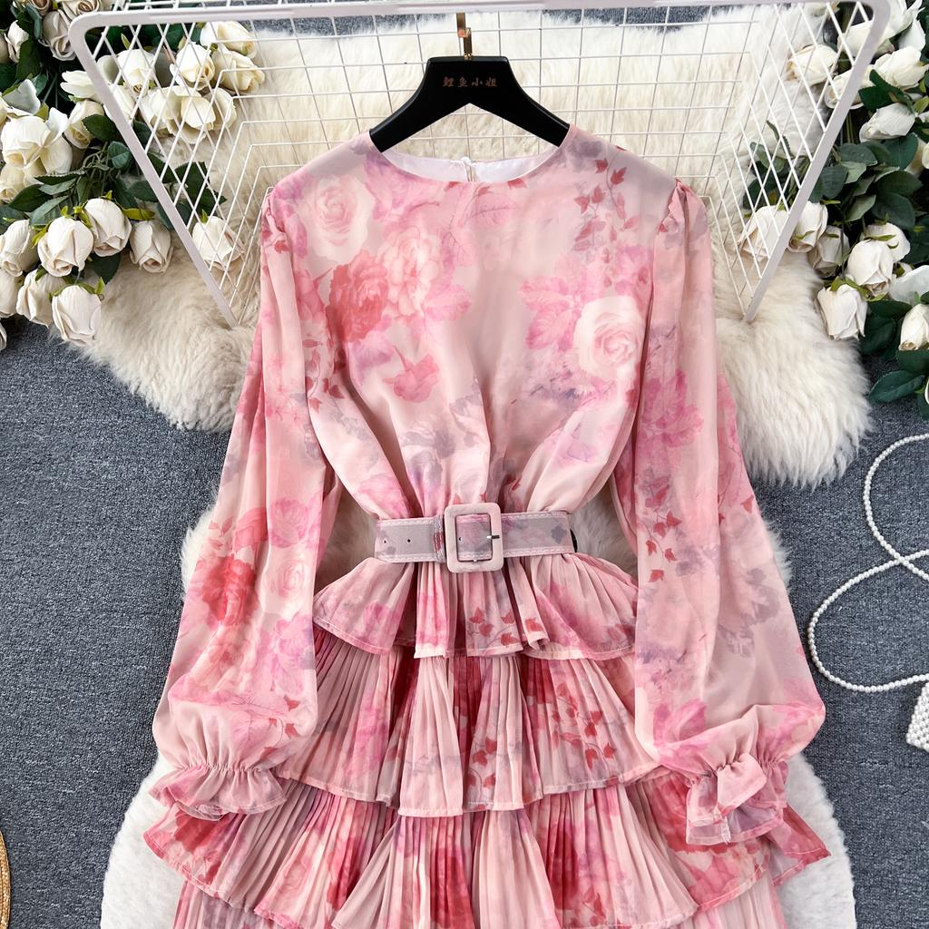 Новое осеннее элегантное женское платье с круглым вырезом и принтом в стиле пэчворк, складками и оборками, с длинными рукавами и высокой талией