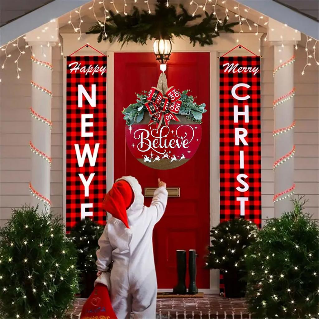 Праздничный рождественский приветственный знак, вешалки для входной двери, декор на открытом крыльце, стиль фермерского дома с бантом из мешковины