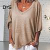 Women T-shirt V-Neck 3/4 Batwing Sleeve Pullover Tops Solid Color Loose Fit Thin Tees Breathable Lightweight Tees