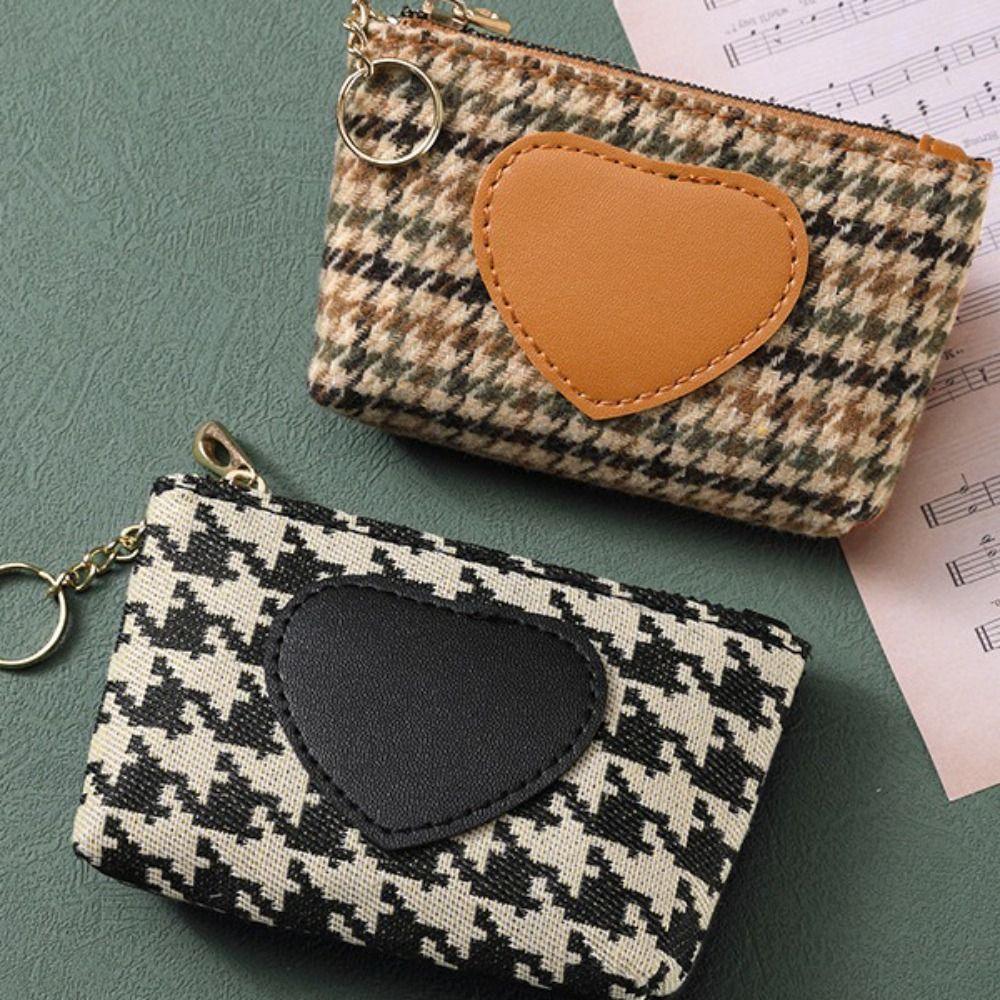 Printing Canvas Coin Purse Pu Leather Short Style Wallet Portable Houndstooth Zipper Purse  Outdoor