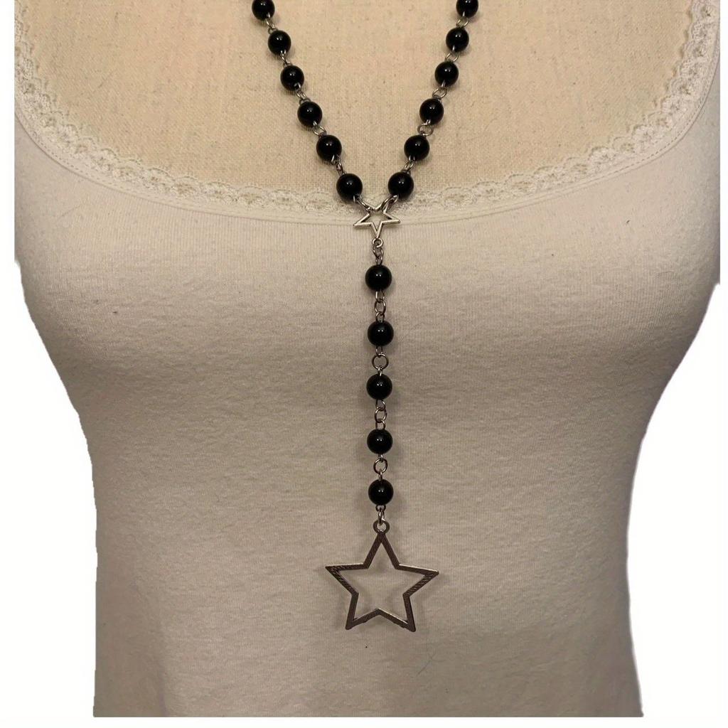 Delicate Black Bead Necklace Gothic Style Star Pendant Sweater Chain Dazzling Jewelry Versatile for Women Daily and Party Occasions