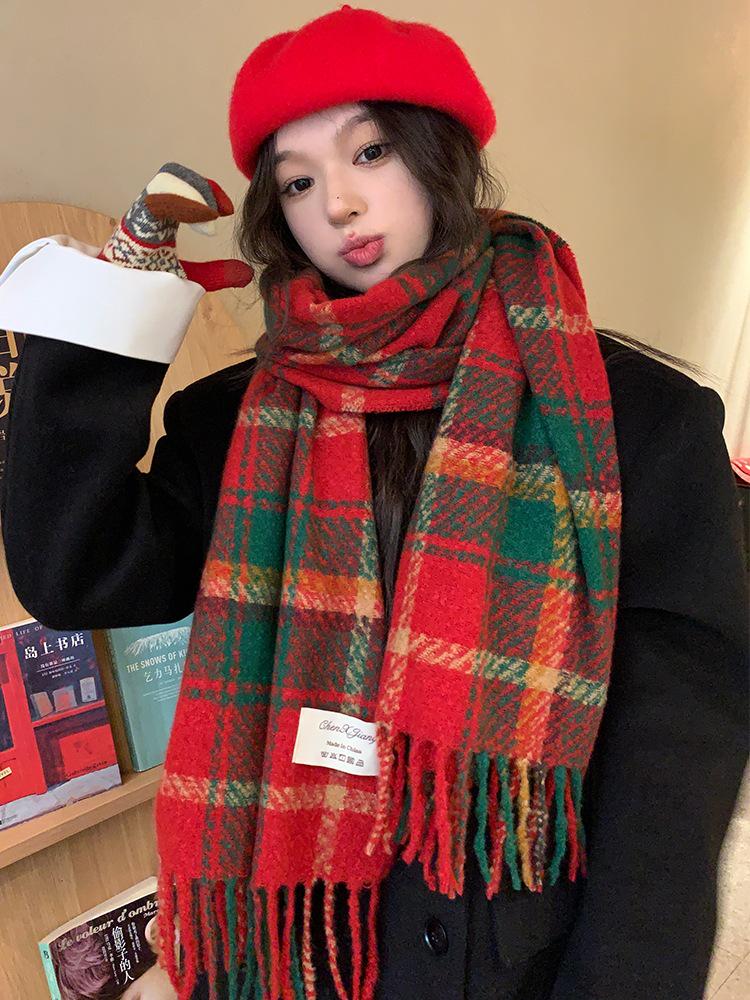 Korean Style Women's Red Plaid Winter Scarf - Warm & Thick Shawl