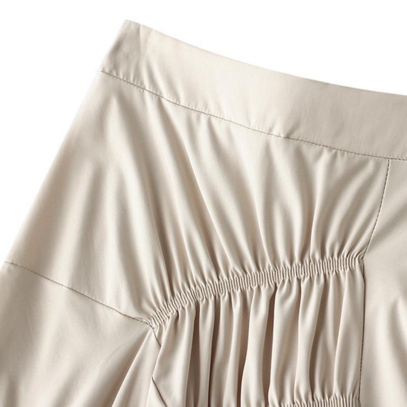 Qooth Women Ins Solid Color Pleated Asymmetrical A-line Skirt Casual High Waist Mid-length Long Skirt For Spring Summer QT2044