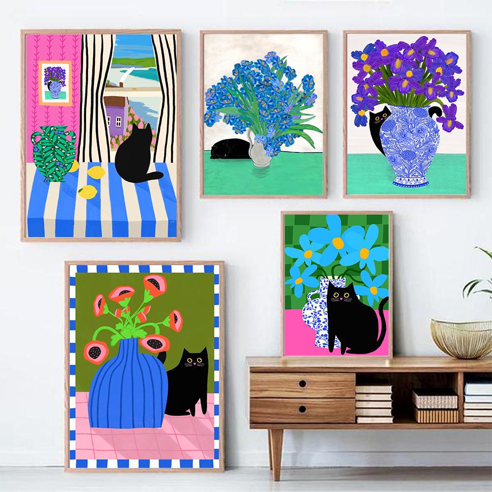 Черный кот и маки принт синие цветы дневной постер кошка скандинавский абстрактный кот животное холст картина настенные картины декор