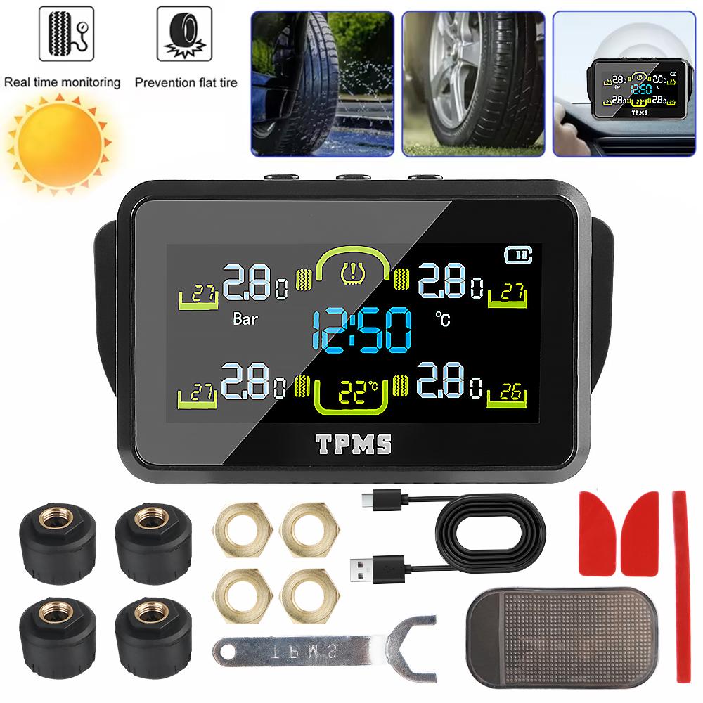 T14-1 With 4 External Sensors Temperature Warning Fuel Save Tire Pressure Monitoring System Intelligent Solar TPMS Car Tyre Pressure Monitor