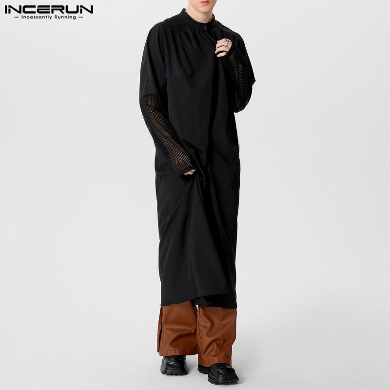 INCERUN Мужские рубашки с длинным рукавом и пуговицами, длинные, с разрезами, лоскутные туники, топы
