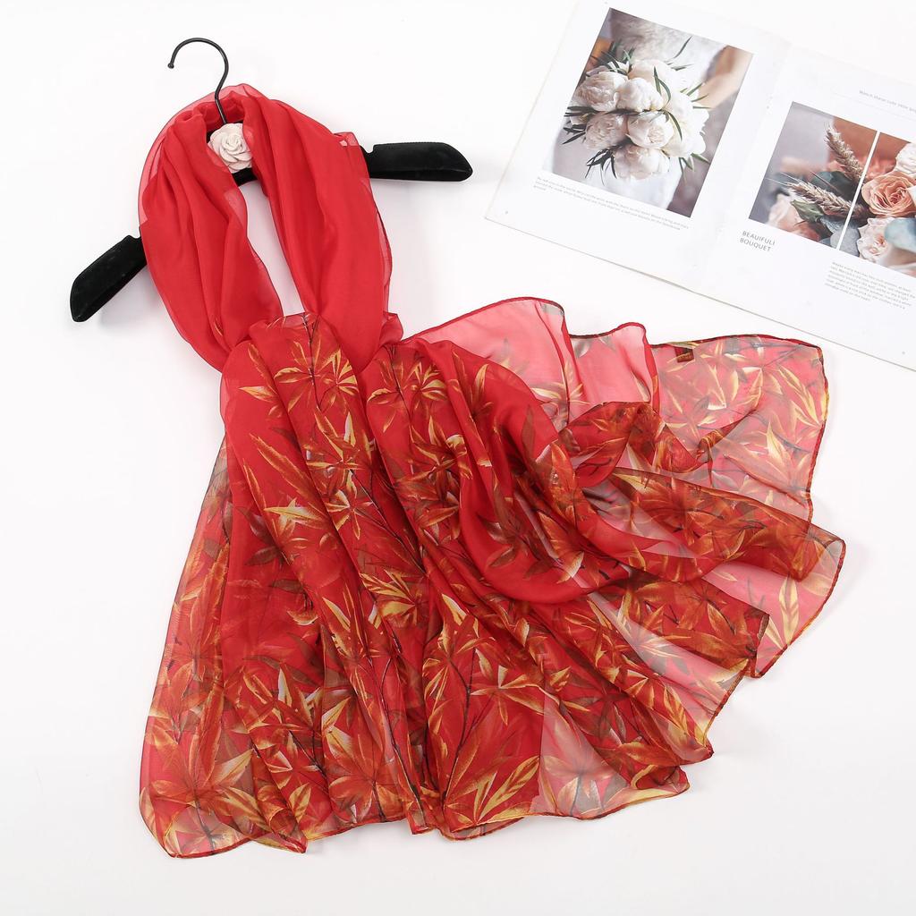 Women'S Scarf - Vibrant Red Gradient, Soft Lightweight Polyester Shawl with Feather Print, Breathable for Travel, Beach, Sun Protection