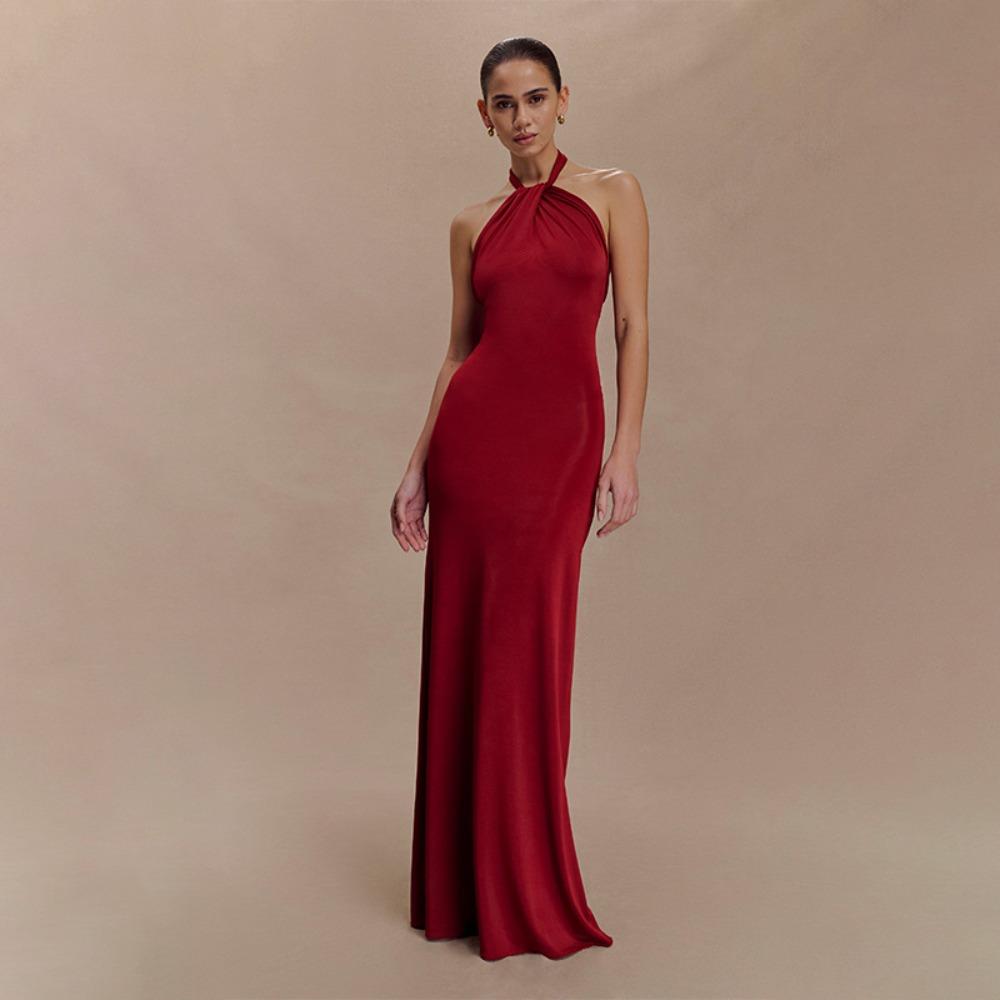 Женское Макси-платье с вырезом-халтер без рукавов Bodycon Высокая талия Элегантное Складки Однотонное Формальное Платье-русалка