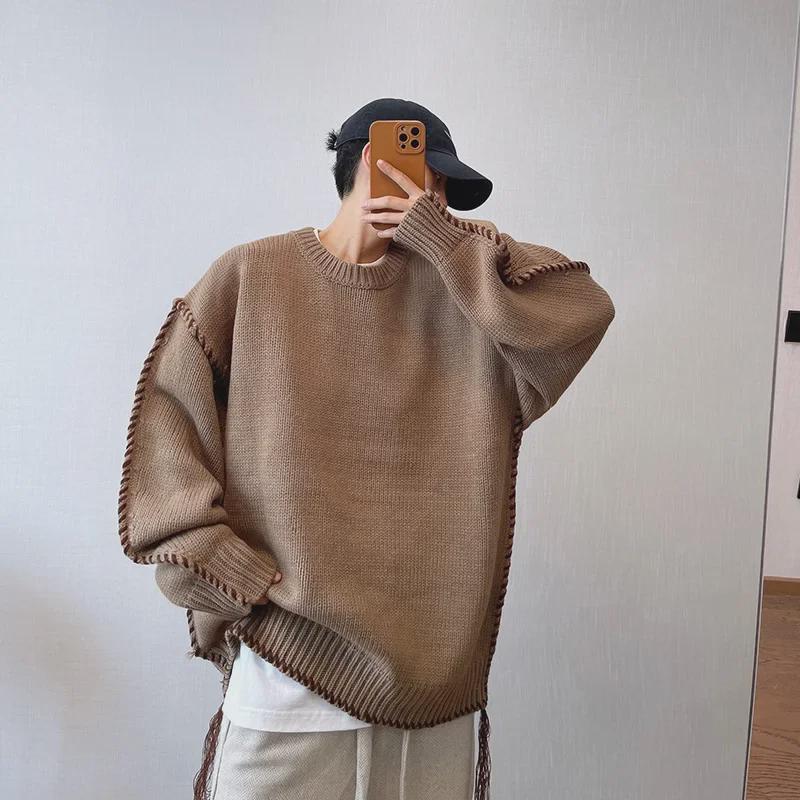 Boys' Trendy Retro Loose Coffee-Colored Knitted Sweater for Autumn and Winter