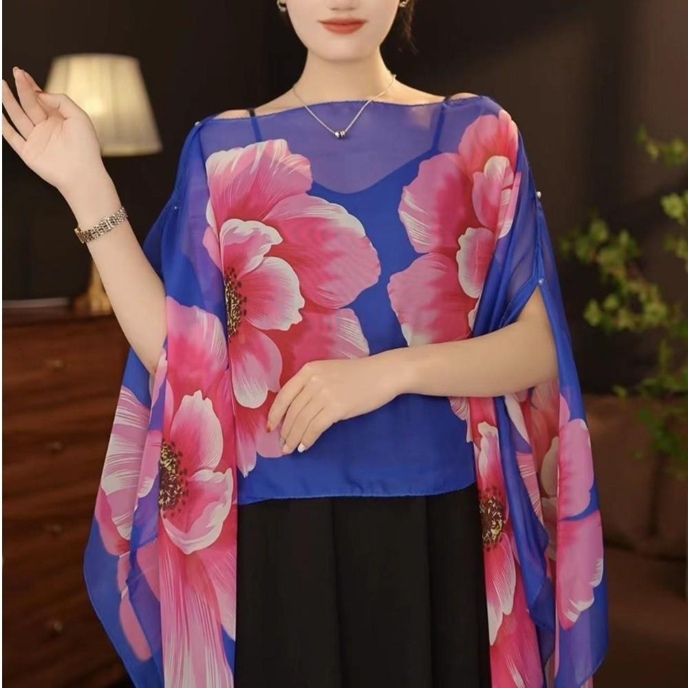 Long Length Sun Protection Shawl Flower Pattern Chiffon Scarf Breathable Shawl  Outdoor Activities