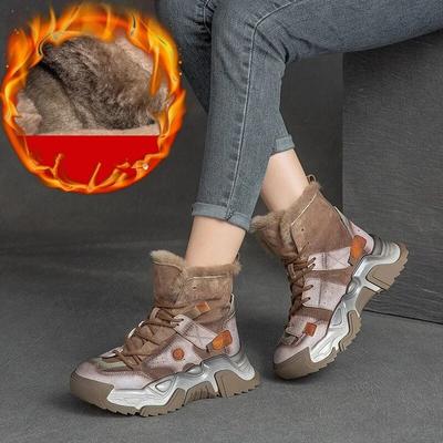 Женские плюшевые теплые ботинки, обувь из натуральной кожи, зимние короткие ботинки ручной работы на толстой подошве в стиле ретро с круглым носком