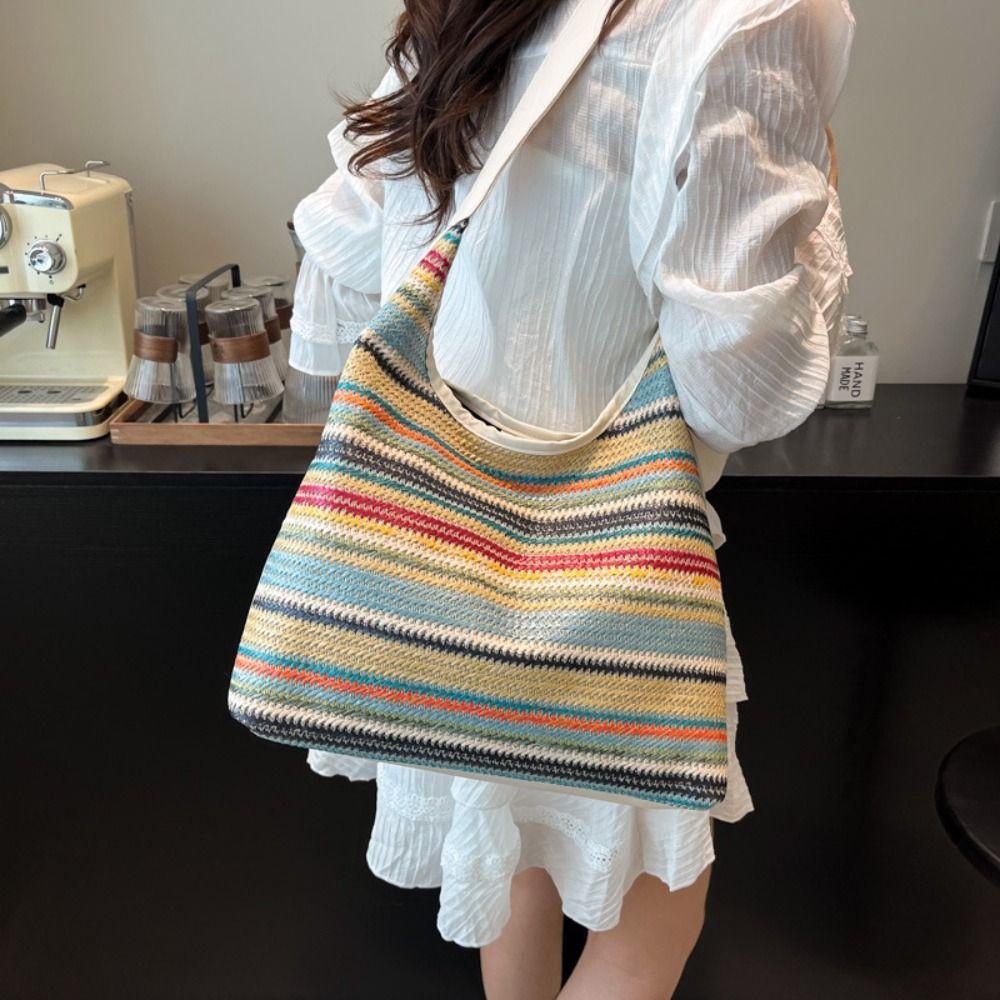 Bohemian Style Rainbow Beach Bag Large Capacity Hollow Tote Bag Fashion Weave Straw Bag Travel