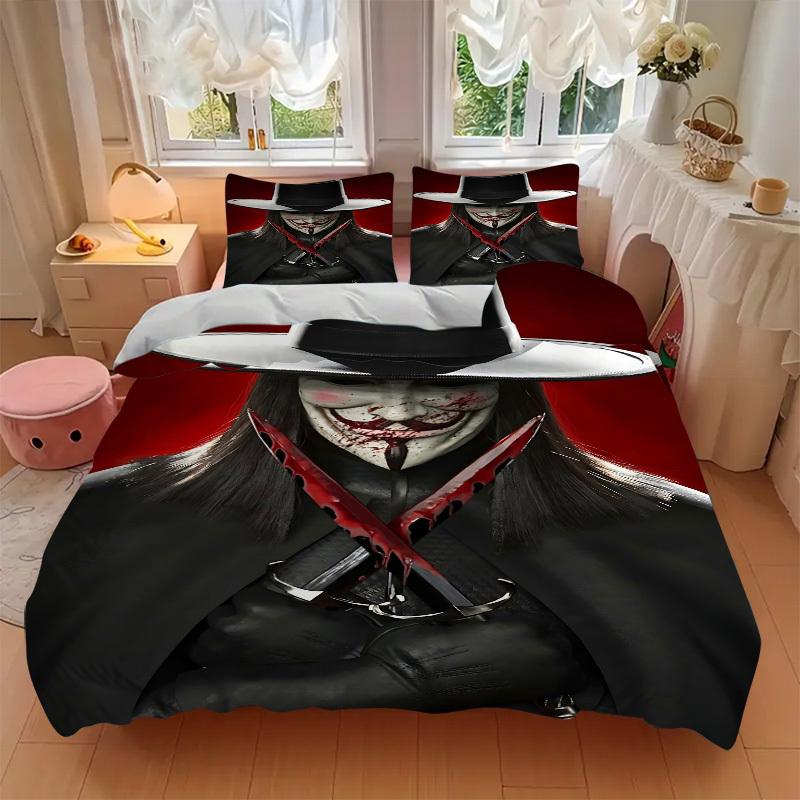 3pcs V for Vendetta Bedding Set, Soft Polyester Duvet Cover and Pillowcases Machine Washable Seasons all suitable & Guest Room Decor219