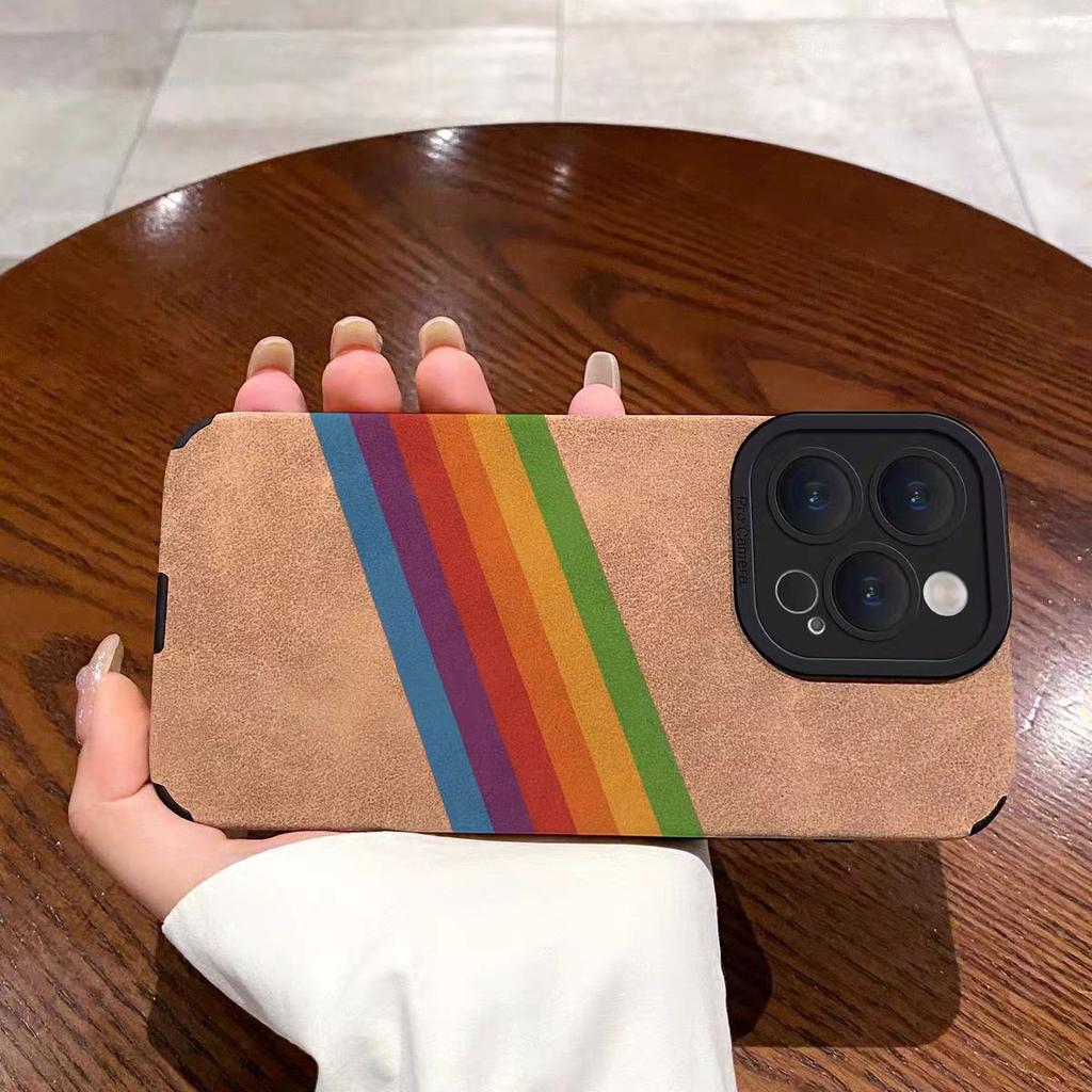 Fashion Rainbow Lines Silicone Leather Case For iPhone 14 15 16 Pro Max Plus 11 12 13 Mini X XS XR 7 8 SE Matte Shockproof Cover