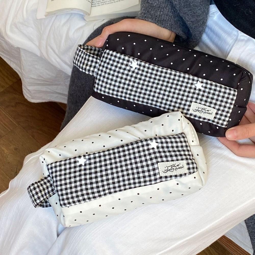 Makeup Bag Plaid Cloth Pencil Case Large Capacity Pen Storage Bag Handheld Pencil Bag Children