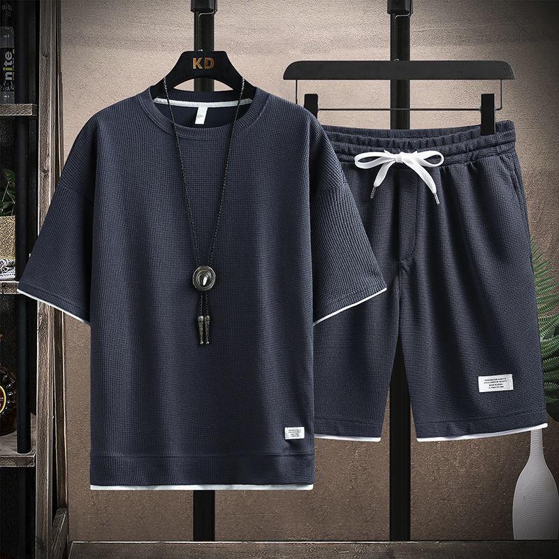 Men's Waffle Summer Sets Casual T-Shirt+Shorts Set Male Sports Suit Solid Color Tracksuit Loose Suits