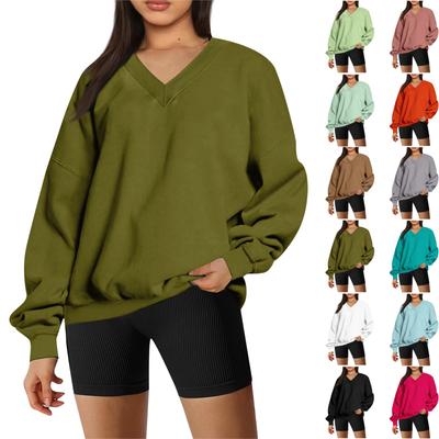 Женская мода, повседневная однотонная толстовка с длинным рукавом и v-образным вырезом