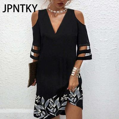 JPNTKY Женская мода лето весна 3/4 рукав V-образный вырез повседневные платья