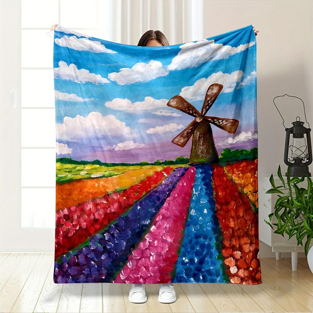 Windmill and Colorful Flower Fields Artwork Flannel blanket for bedroom, living room, sofa, and nap sofas