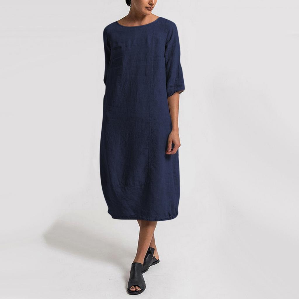Women's Casual Loose Cotton Linen Mid Sleeve Round Neck Large Size Dress