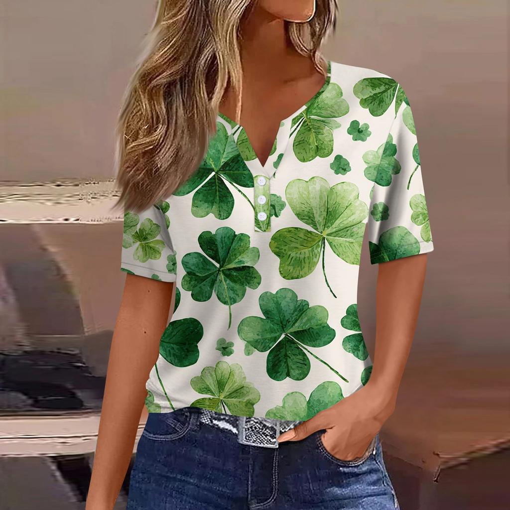 Women's T Shirt Tee Print Button Short Sleeve Daily Weekend Fashion Basic V- Neck Regular Top St. Patrick's Day