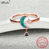 Cute Small Star Moon Ring 925 Sterling Silver Rose Gold Blue Fire Opal Rings For Women Blue Stone Dangle Wedding Thin Ring Band