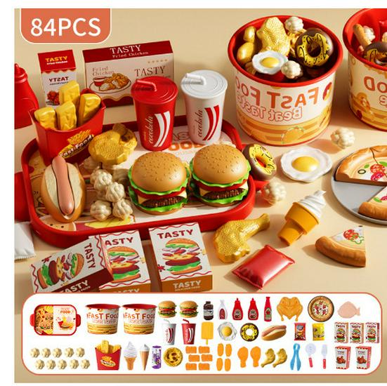 Kids' Pretend Kitchen Playset: Fast Food Pizza & Burger Meal with Fries, Egg Tart, and More