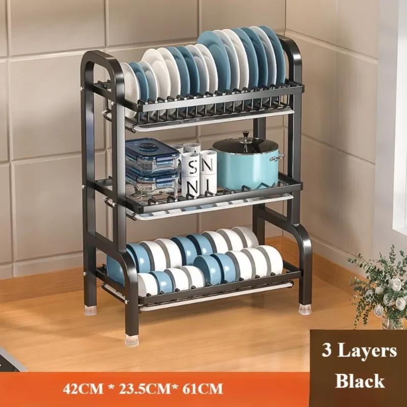 Стеллаж для сушки посуды, многослойная кухонная стойка для хранения из углеродистой стали с полкой для тарелок, может сливать воду, контейнер для хранения большой емкости