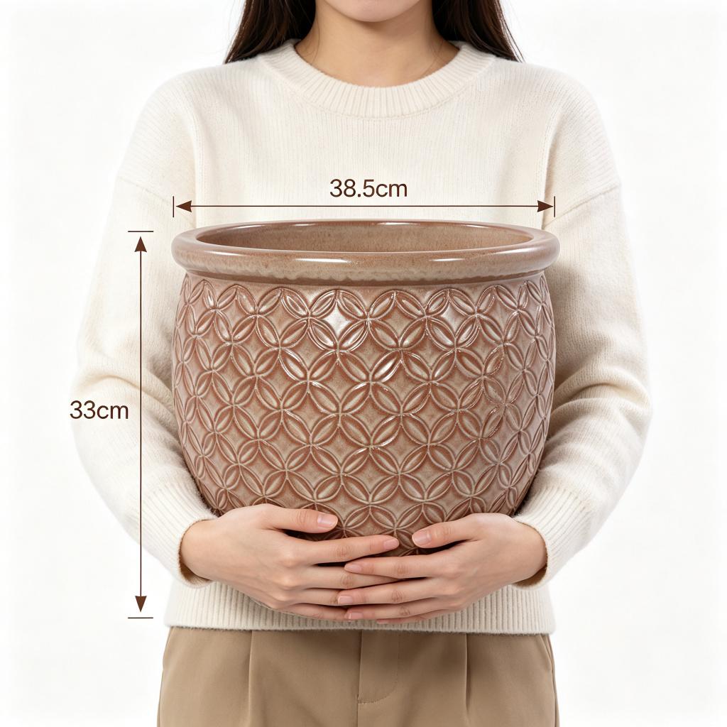 Handmade Ceramic Plant Pot (diameter 38.5 cm), Glossy Beige with Coin Relief, Breathable, Frost-Resistant