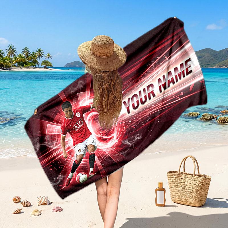 Cristiano Ronaldo Custom Beach Towel, Personalized Name Text Print, Football Logo Soft Quick‑Dry Towel Holiday Gift
