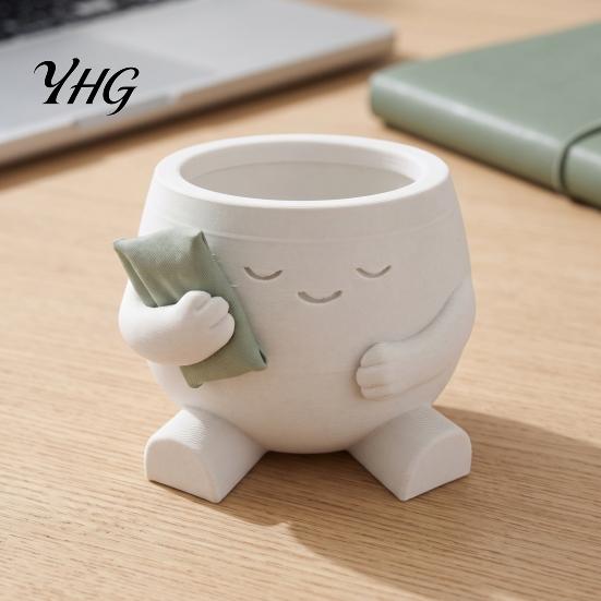 Cute Desktop Plant Container 3D Printed Character Succulent Planter, Sleepy Face Flower Pot with Office Desk Storage Organizer Pillow, Mini for Indoor