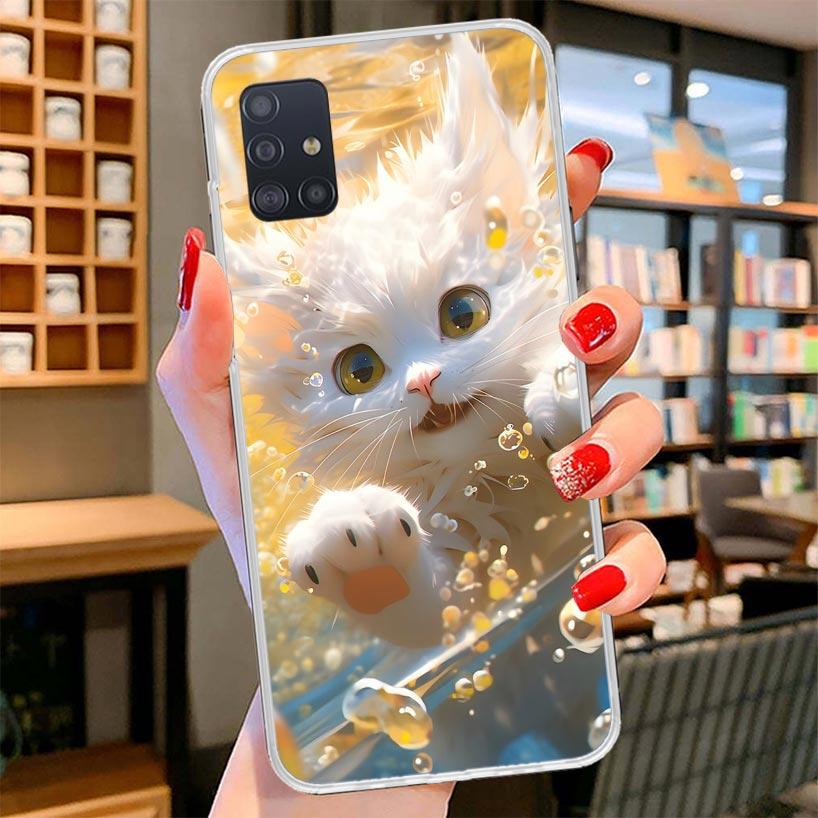 Мультяшный Милый Кот Рыба Эстетичный Чехол для Телефона Для Samsung Galaxy A12 A22 A32 A52 A72 A02S Чехол для Телефона Note 20 Ultra 10 S10 Plus