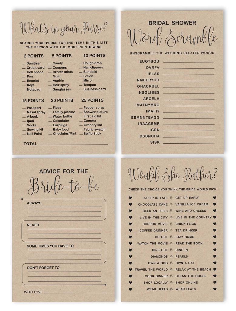 Inkdotpot Набор игр для девичника, комплект из 4 штук(50 листов каждый) w Miss to Mrs Gold Banner Kraft Rustic Fun Игры для свадебного душа