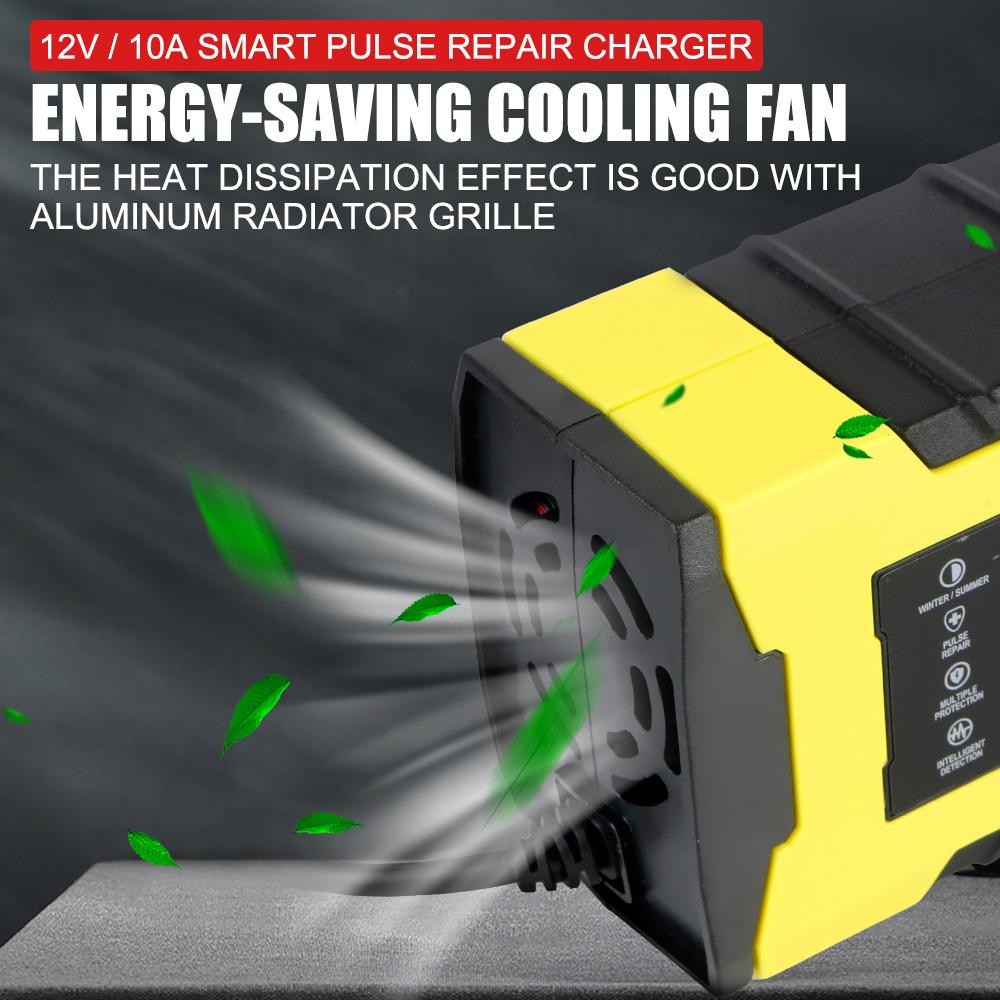 12 В 10 А интеллектуальное быстрое зарядное устройство для автомобиля, мотоцикла, аккумулятора, автоматический импульсный ремонт, цифровой ЖК-дисплей, автоматическое умное быстрое зарядное устройство