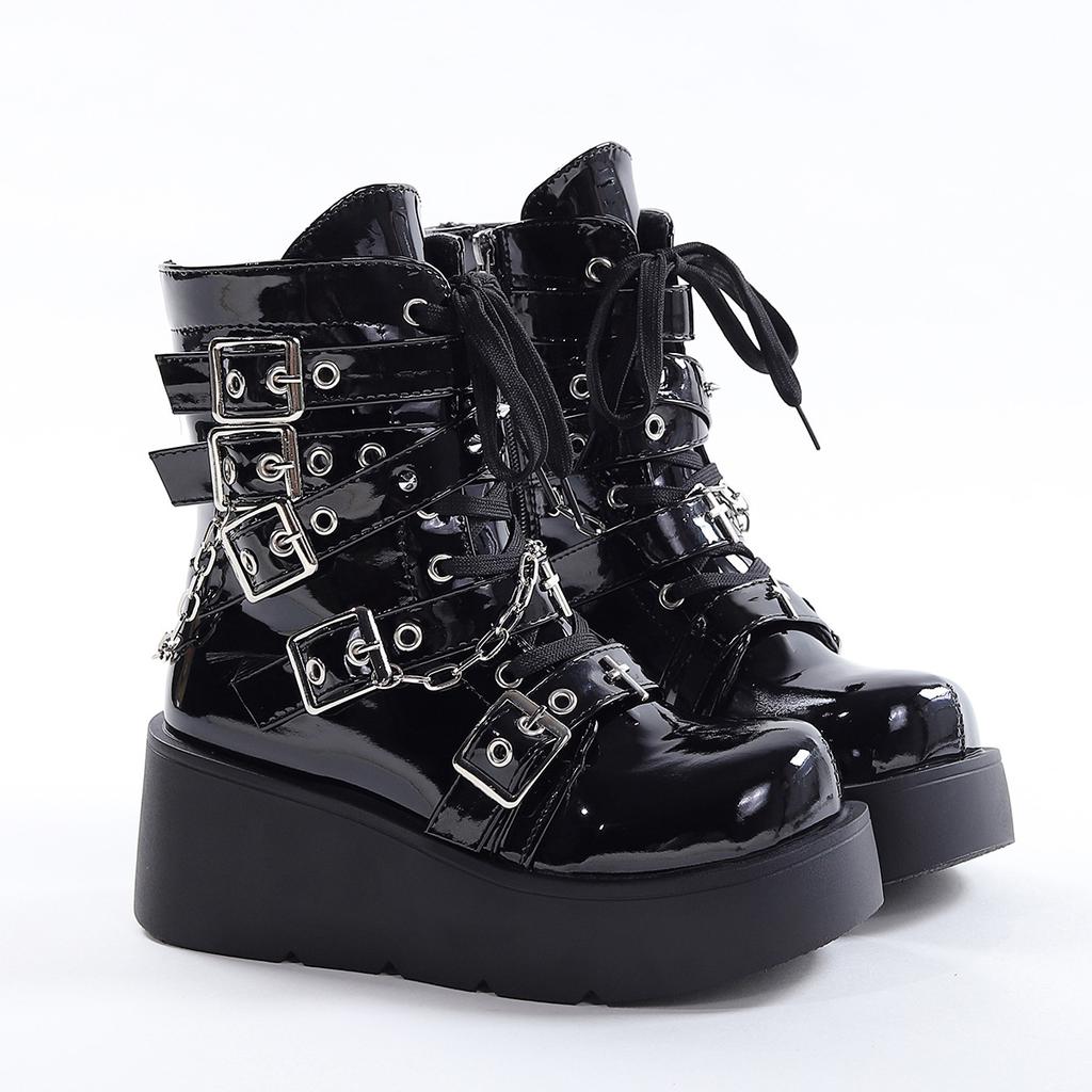 Модные лакированные кожаные ботильоны в стиле панк с металлической цепочкой, женские зимние дизайнерские ботинки на массивной платформе 2024 года, женские черные туфли в стиле готической Лолиты