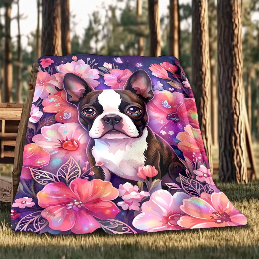 1pc Floral Boston TerrierOutdoor Blanket, Soft And Comfortable Blanket, Casual Warm Outdoor Blanket, Good Birthday Gift yy260328065
