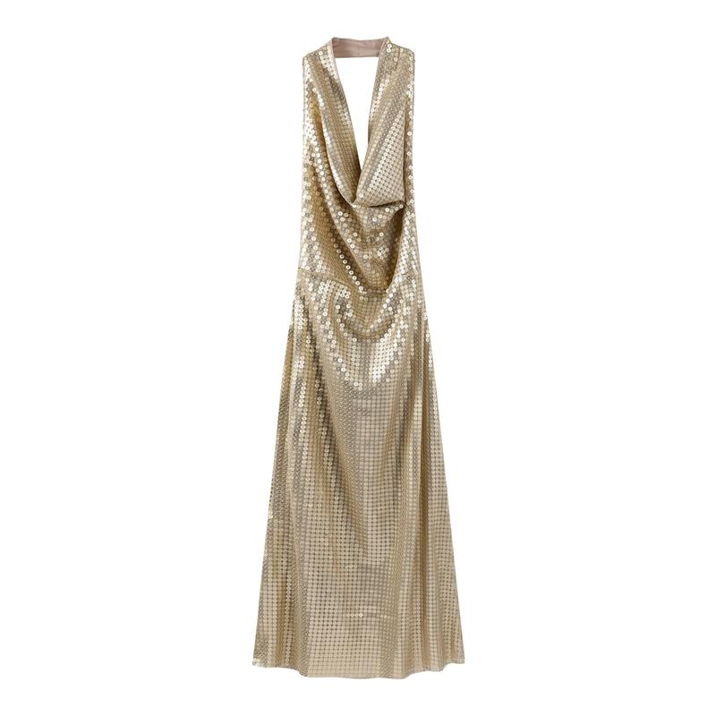 Сексуальное блестящее длинное платье с бретельками через шею, женское элегантное платье без рукавов с открытой спиной и V-образным вырезом, с высокой талией, блестящее вечернее платье А-силуэта, новая мода