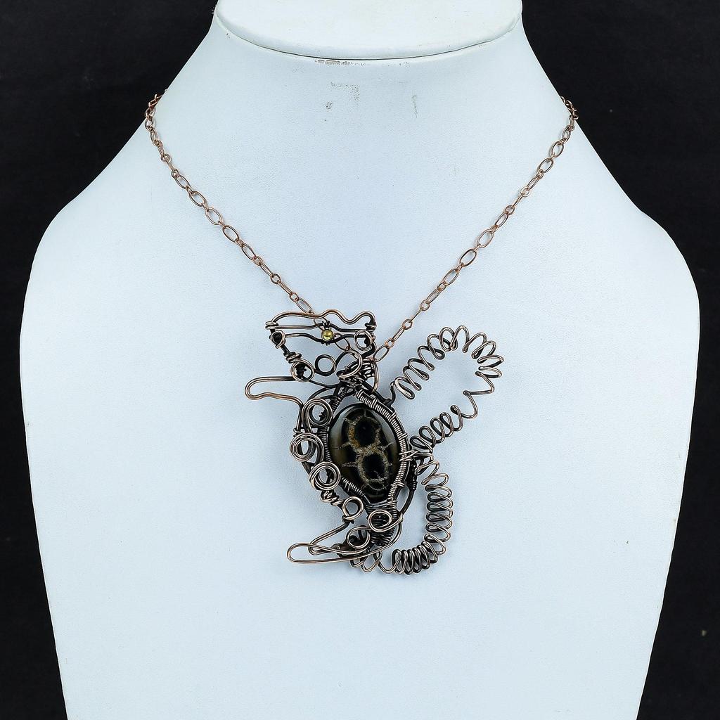 Moroccan Mud Crack Fossil Pendant Copper Wire Wrapped Pendant Rabbit Pendant Gemstone Handmade Pendant Antique Copper Jewelry Gifts For Her