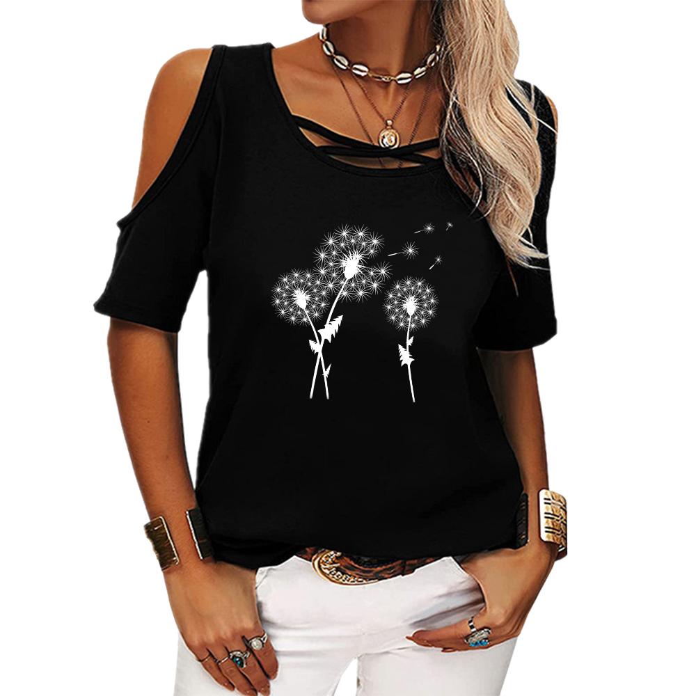 Women Fashion Off Shoulder T-shirt Ladies Casual Round Neck Floral Print Top Summer Short Sleeve Tee Shirt