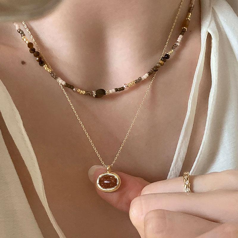 Niche Retro Tiger'S Eye Stone Beaded Stacked Necklace Female Maillard Unique Personality Fashion Versatile Neck Chain Sweater Chain