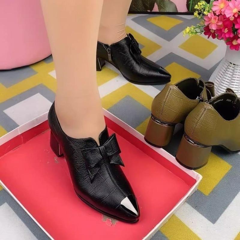 Fashion Bow Deep Mouth High Heels Women's Autumn New Versatile Temperament Pointed Thick Heel Single Shoes Women