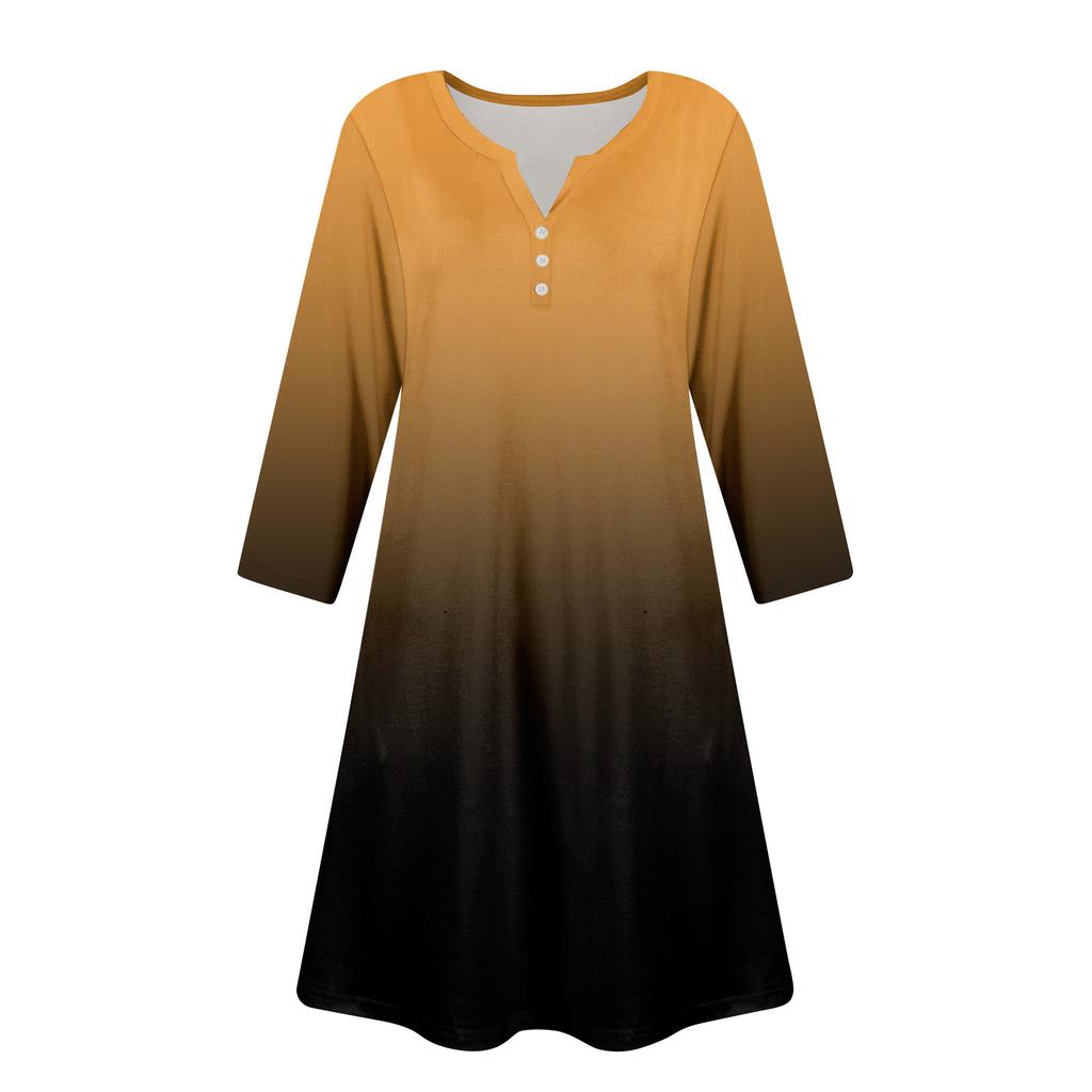 Women's Summer Casual V-neck Gradient Printed Button Up Dress with Pockets