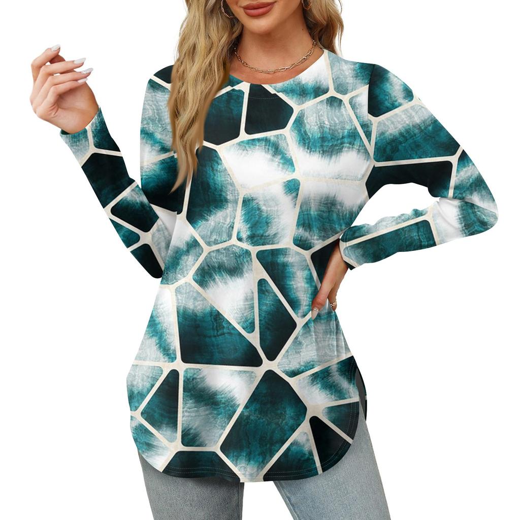 Женские рубашки с длинным рукавом и круглым вырезом, базовые свободные туники с боковым разрезом, повседневные рубашки с цветочным принтом