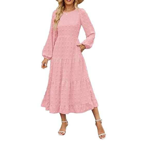 Платье для женщин осень-зима с длинными рукавами-фонариками, А-силуэтом, круглым вырезом, большим подолом, аппликацией в горошек, плиссированное, однотонное, для свиданий, поездок на работу, миди-платье