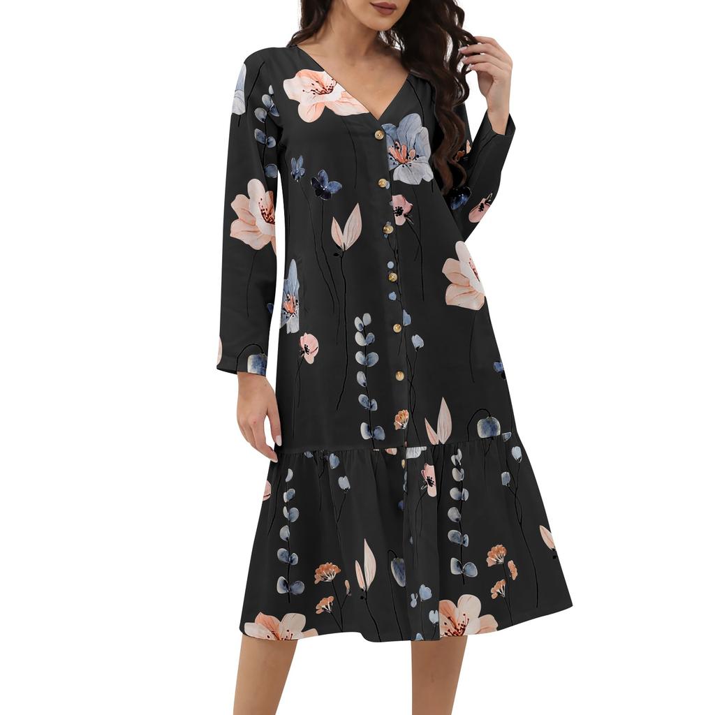 Женское повседневное однобортное платье с цветочным принтом, V-образным вырезом, длинными рукавами и карманами