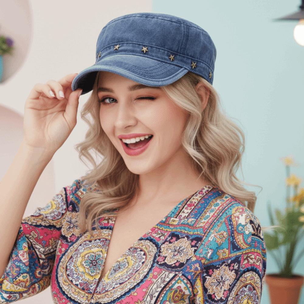 Retro Distressed Flat Top Cap Washed Denim Retro Duckbill Cap Star Rivet Hat Unisex Adult