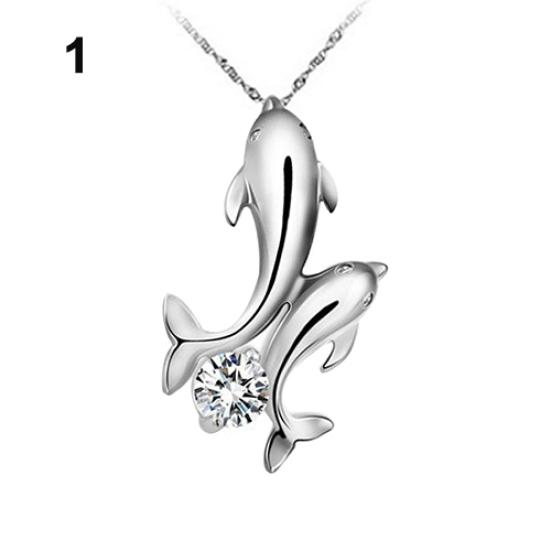 Cute Double Dolphins Pendant Charm Chain Necklace Lady Jewelry